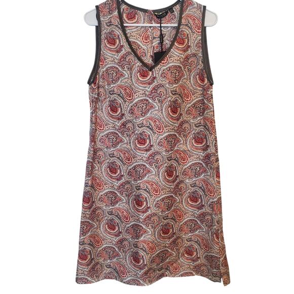 Massimo Dutti Silk Paisley Sheath Dress with Faux Leather Trim Size 10 NWT - Picture 1 of 6